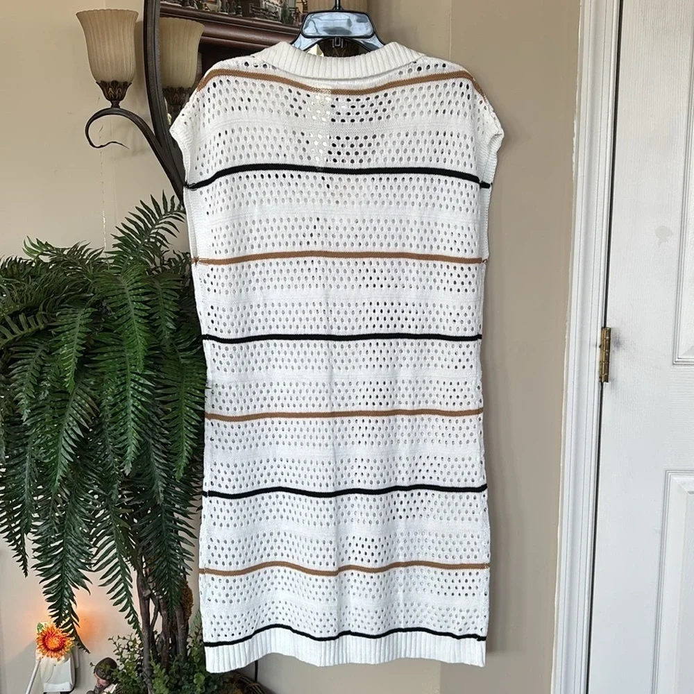 Brand New Dokotoo White Striped Crochet Knit Sweater Dress Swim Coverup V-Neck